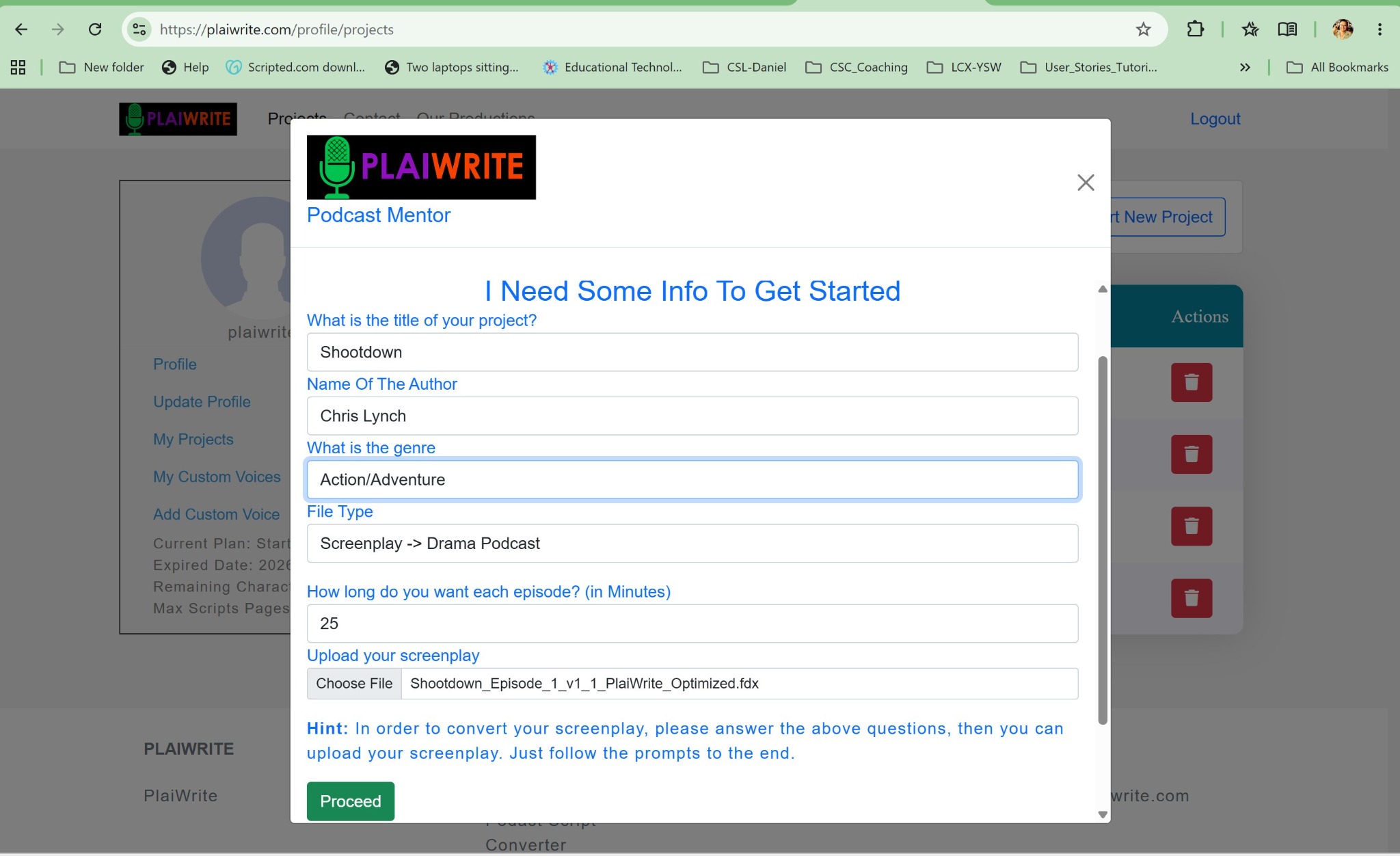 Enter project information and upload the source file.