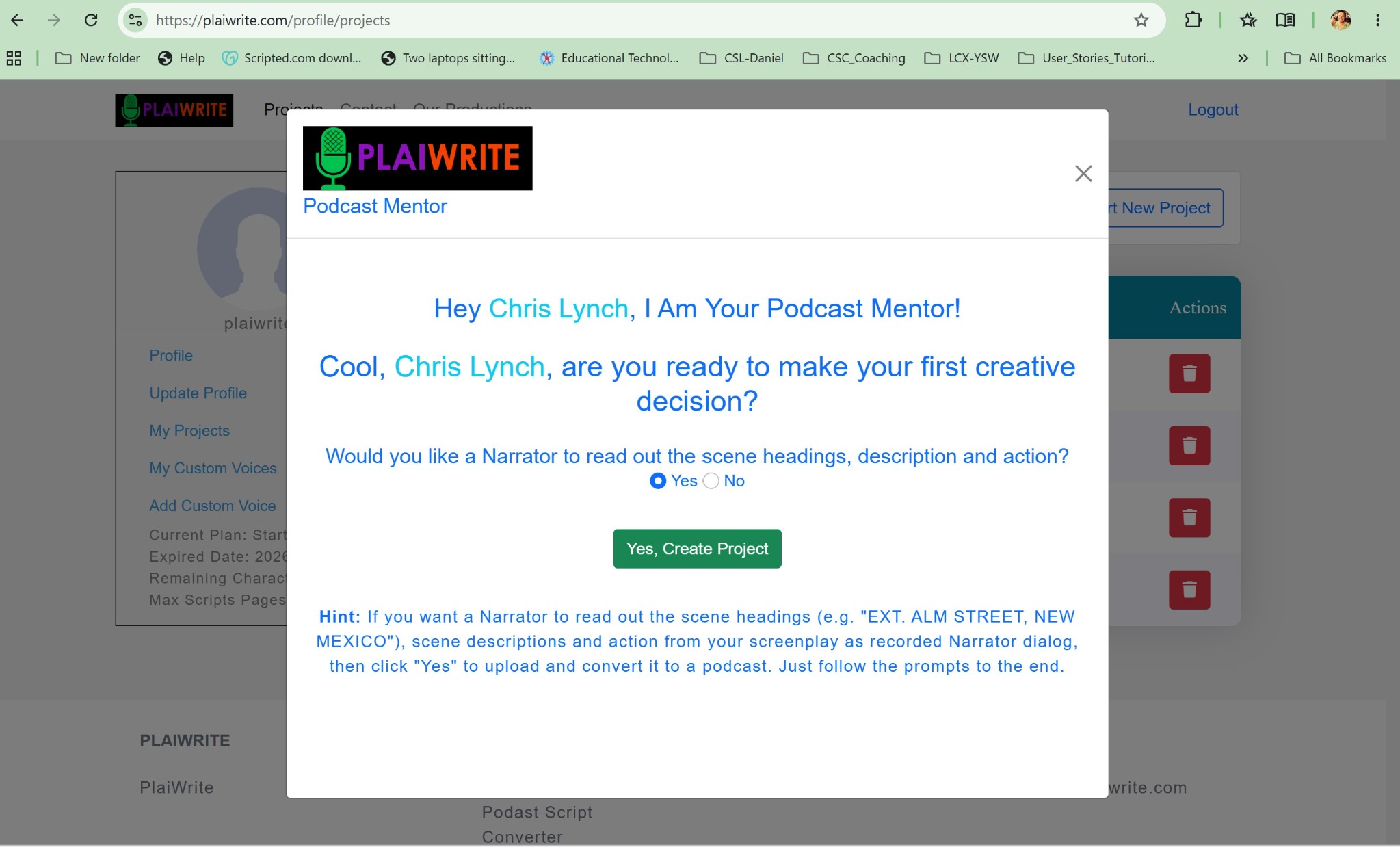 Choose whether PlaiWrite should create narrator lines.