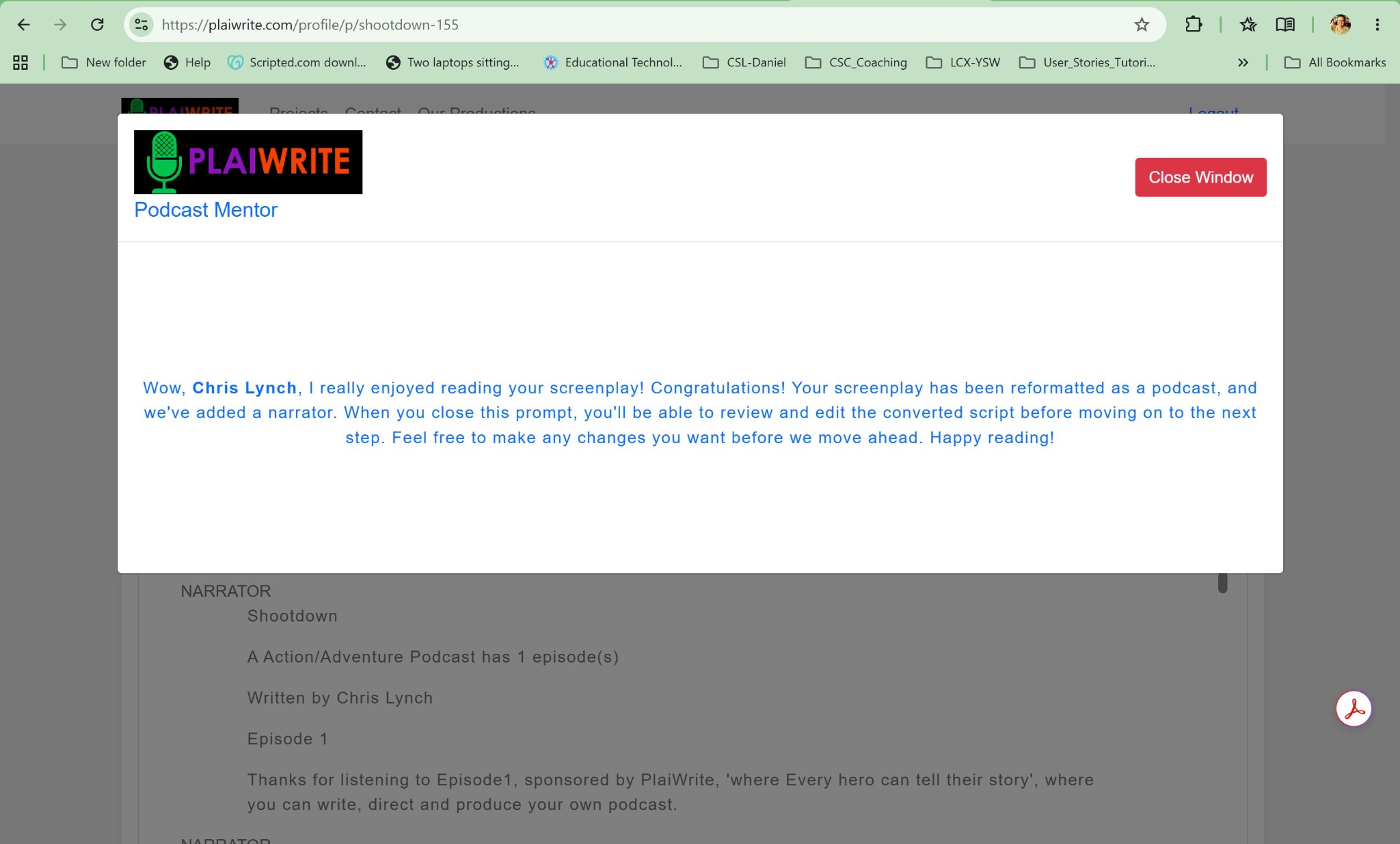 PlaiWrite confirms the script has been adapted.
