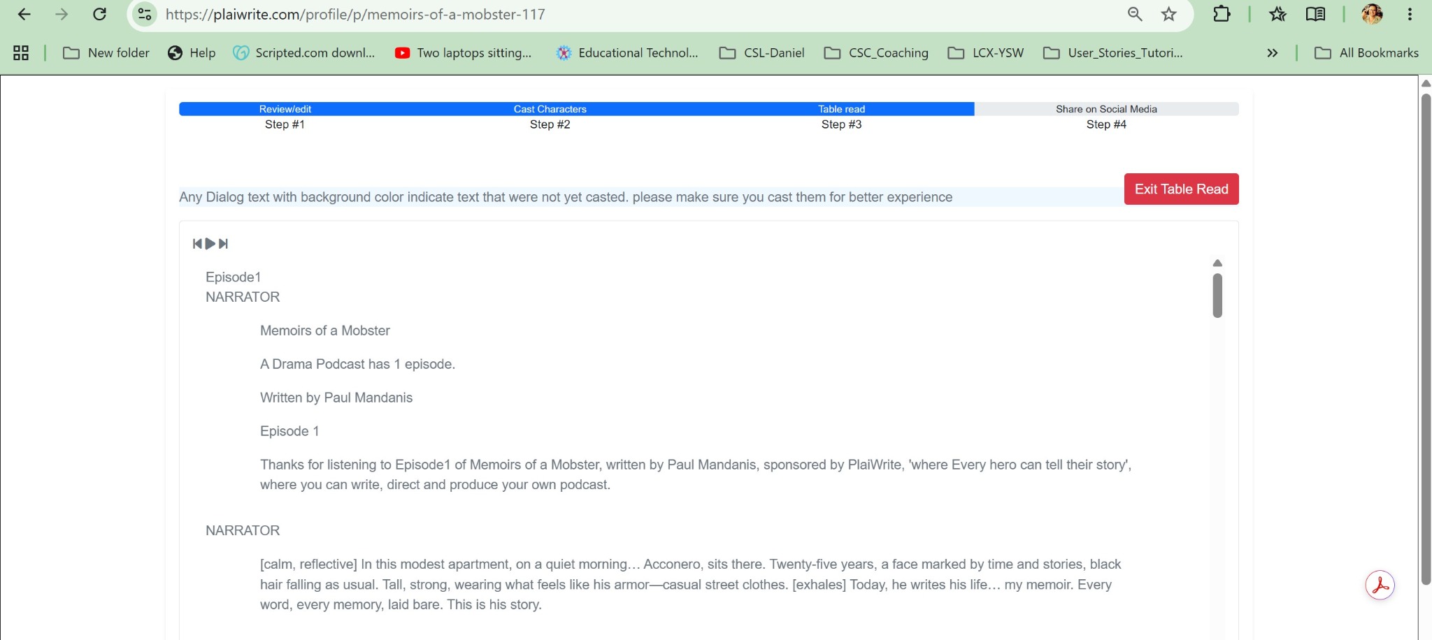 Review the table read playback screen.