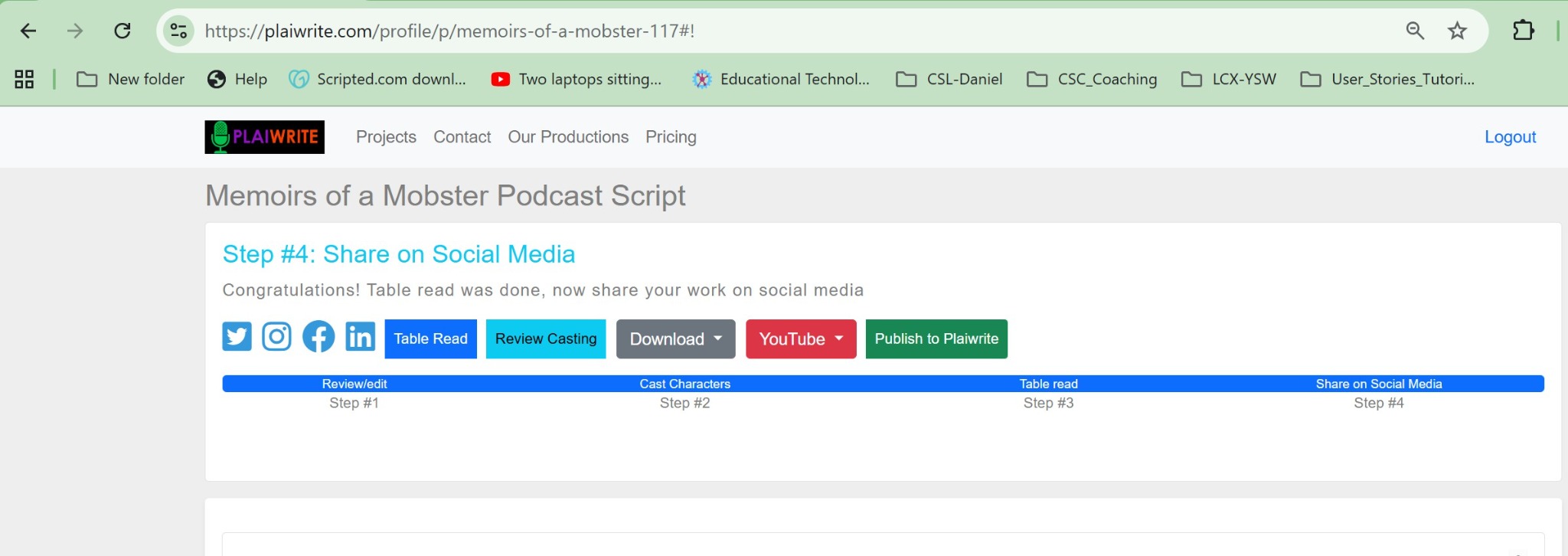 Sharing and publishing workflow screenshot.